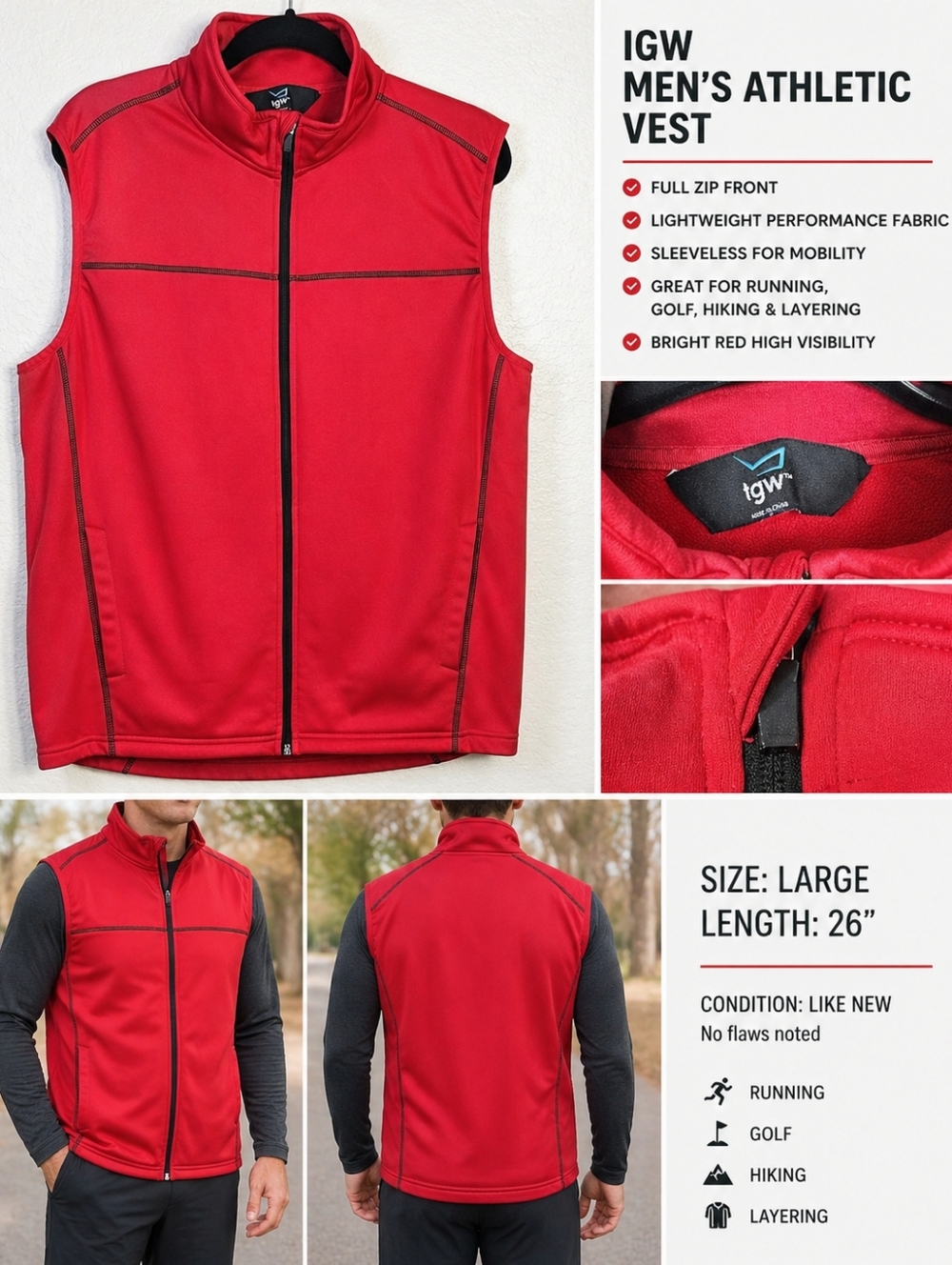 IGW Red Full Zip Athletic Vest Mens Large Lightweight Running Golf Outdoor